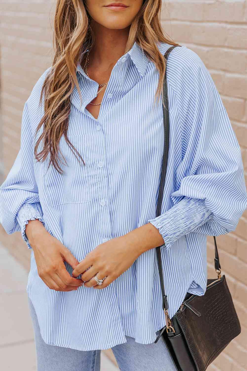 Striped Lantern Sleeve Collared Shirt - Browngold Fashion