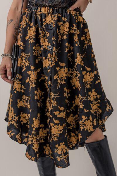 Floral Buttoned Ruffle Hem Skirt - Browngold Fashion
