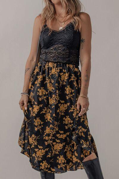 Floral Buttoned Ruffle Hem Skirt - Browngold Fashion