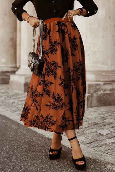 Embroidered High Waist Maxi Skirt - Browngold Fashion