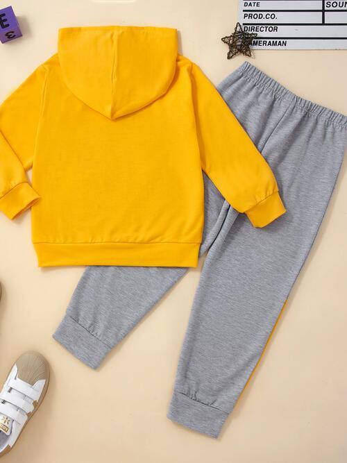 Graphic Hooded Top and Contrast Pants Set - Browngold Fashion