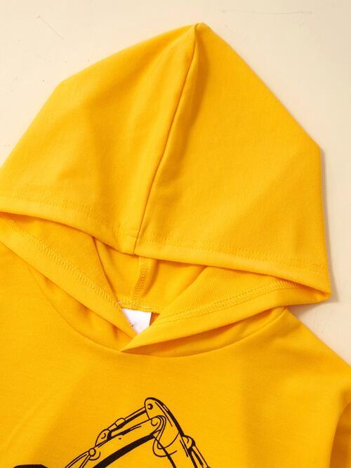 Graphic Hooded Top and Contrast Pants Set - Browngold Fashion