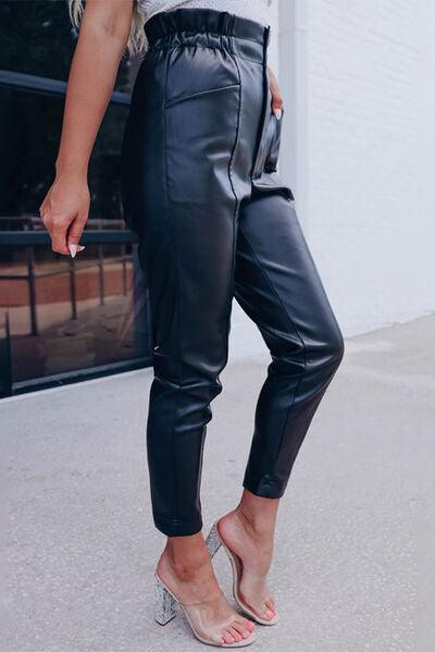High Waist PU Leather Cropped Pants - Browngold Fashion