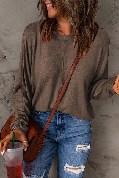 Seam Detail Round Neck Long Sleeve Top - Browngold Fashion