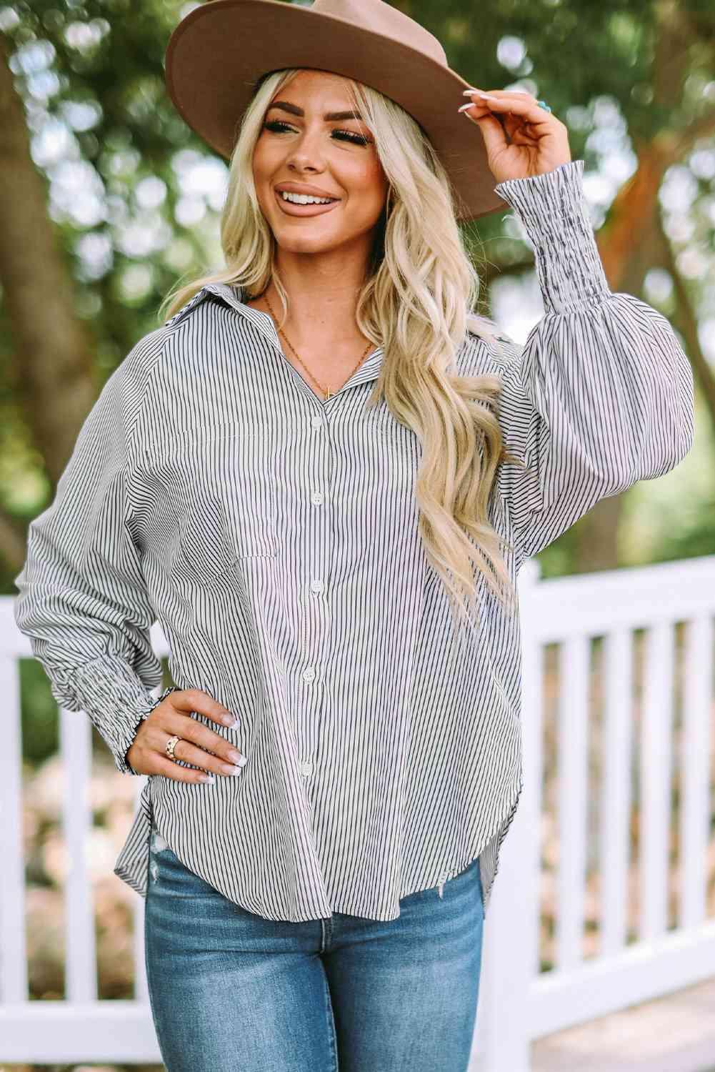 Striped Lantern Sleeve Collared Shirt - Browngold Fashion