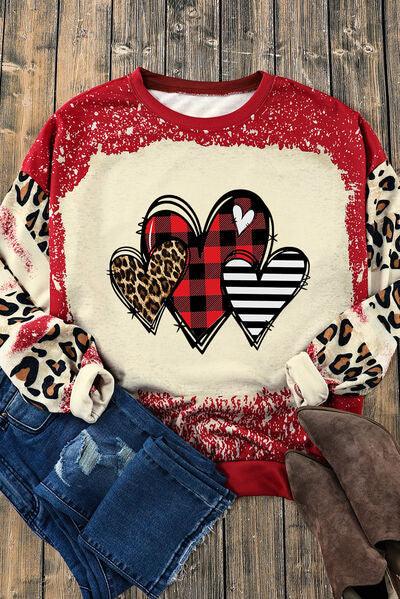 Heart Leopard Round Neck Sweatshirt - Browngold Fashion