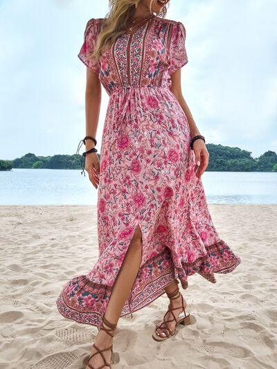 Floral Slit V-Neck Maxi Dress - Browngold Fashion