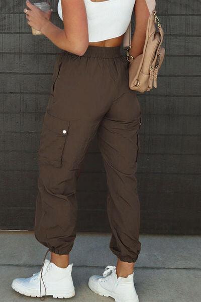 Drawstring Elastic Waist Pants with Pockets - Browngold Fashion