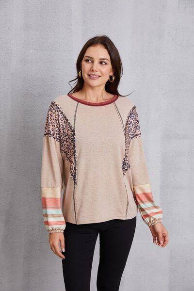 Contrast Stitching Leopard Long Sleeve Blouse - Browngold Fashion