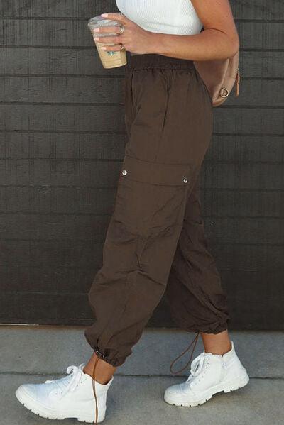 Drawstring Elastic Waist Pants with Pockets - Browngold Fashion
