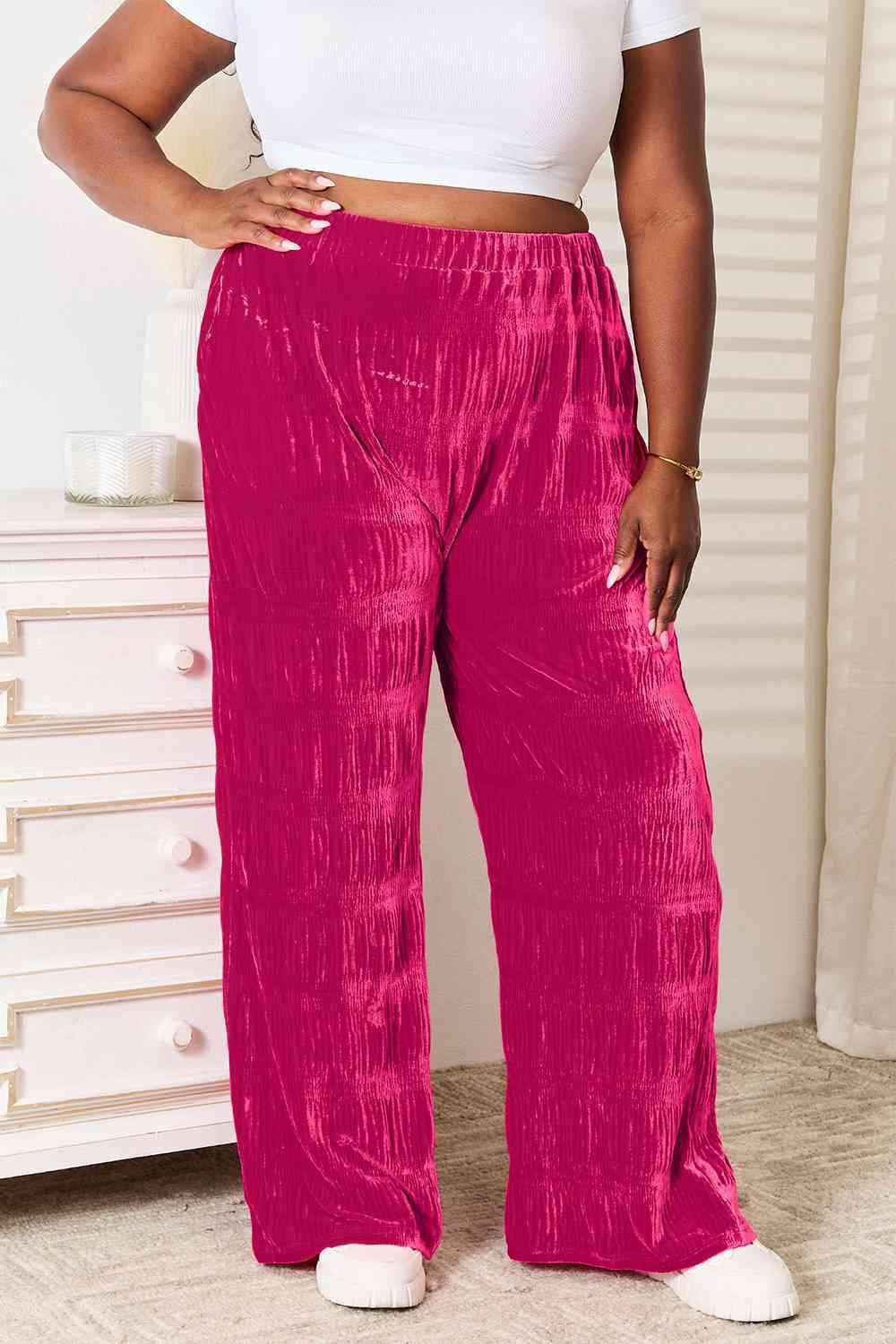 Double Take Full Size High Waist Tiered Shirring Velvet Wide Leg Pants - Browngold Fashion
