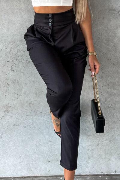 High Waist Wide Waistband Pants - Browngold Fashion