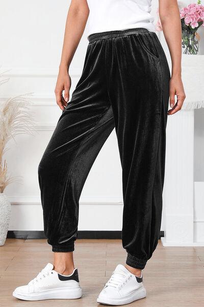 Elastic Waist Pocketed Pants - Browngold Fashion
