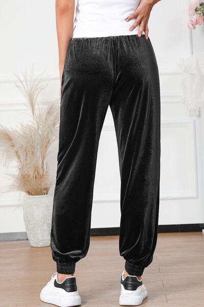 Elastic Waist Pocketed Pants - Browngold Fashion