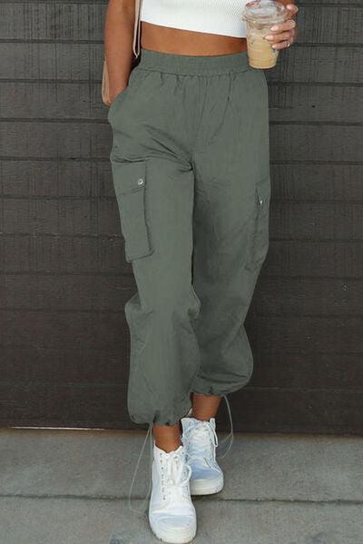 Drawstring Elastic Waist Pants with Pockets - Browngold Fashion