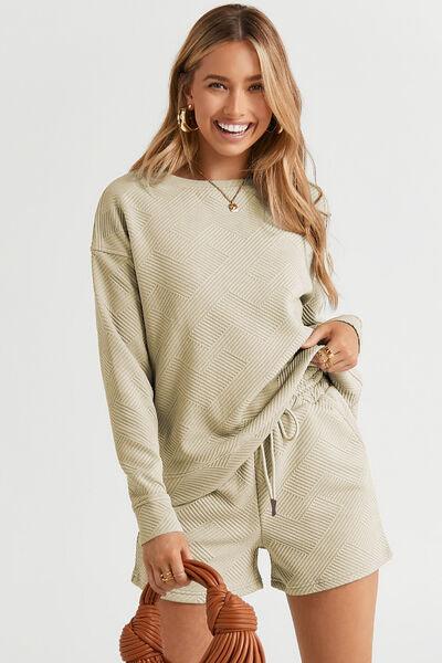 Double Take Full Size Texture Long Sleeve Top and Drawstring Shorts Set - Browngold Fashion