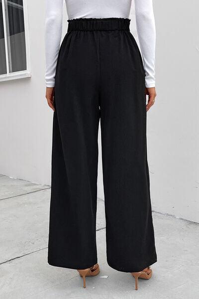 High Waist Ruched Pocketed Wide Leg Pants - Browngold Fashion