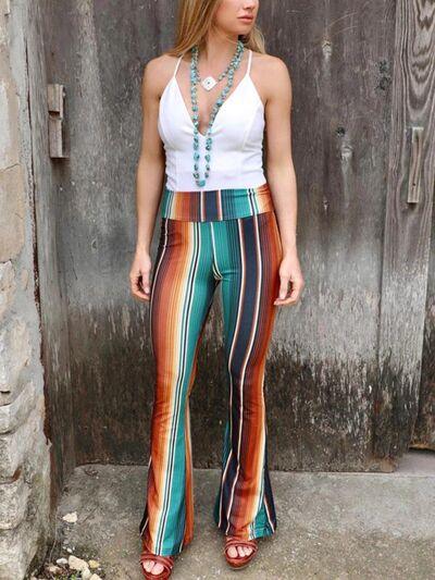 High Waist Striped Bootcut Pants - Browngold Fashion