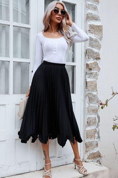 Frill Trim Pleated Elastic Waist Skirt - Browngold Fashion