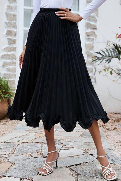 Frill Trim Pleated Elastic Waist Skirt - Browngold Fashion