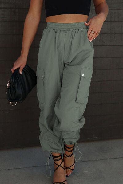 Drawstring Elastic Waist Pants with Pockets - Browngold Fashion