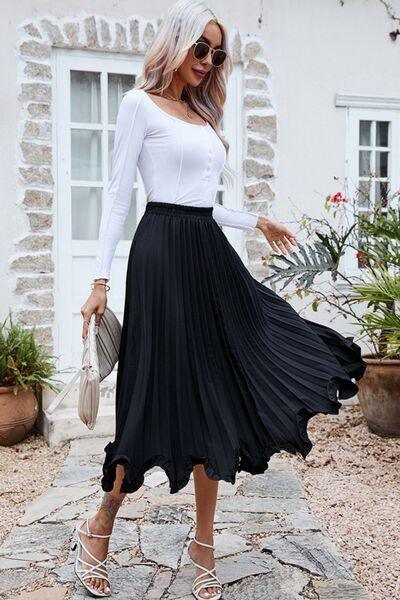 Frill Trim Pleated Elastic Waist Skirt - Browngold Fashion