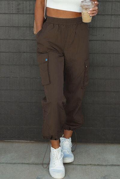 Drawstring Elastic Waist Pants with Pockets - Browngold Fashion
