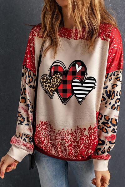 Heart Leopard Round Neck Sweatshirt - Browngold Fashion