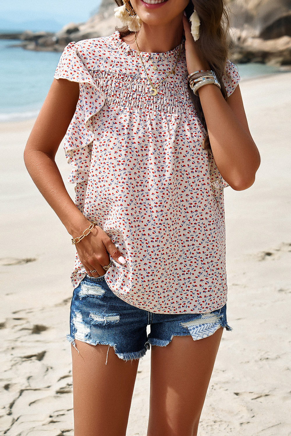 Smocked Printed Mock Neck Cap Sleeve Blouse