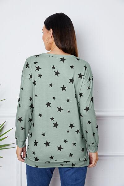 Star Print Round Neck Dropped Shoulder Sweatshirt - Browngold Fashion