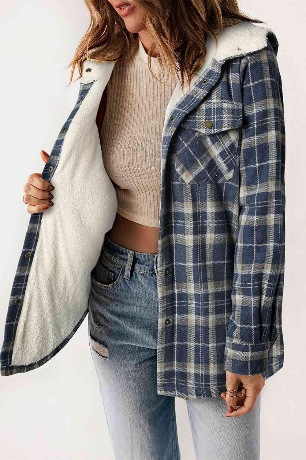 Plaid Snap Down Hooded Jacket - Browngold Fashion