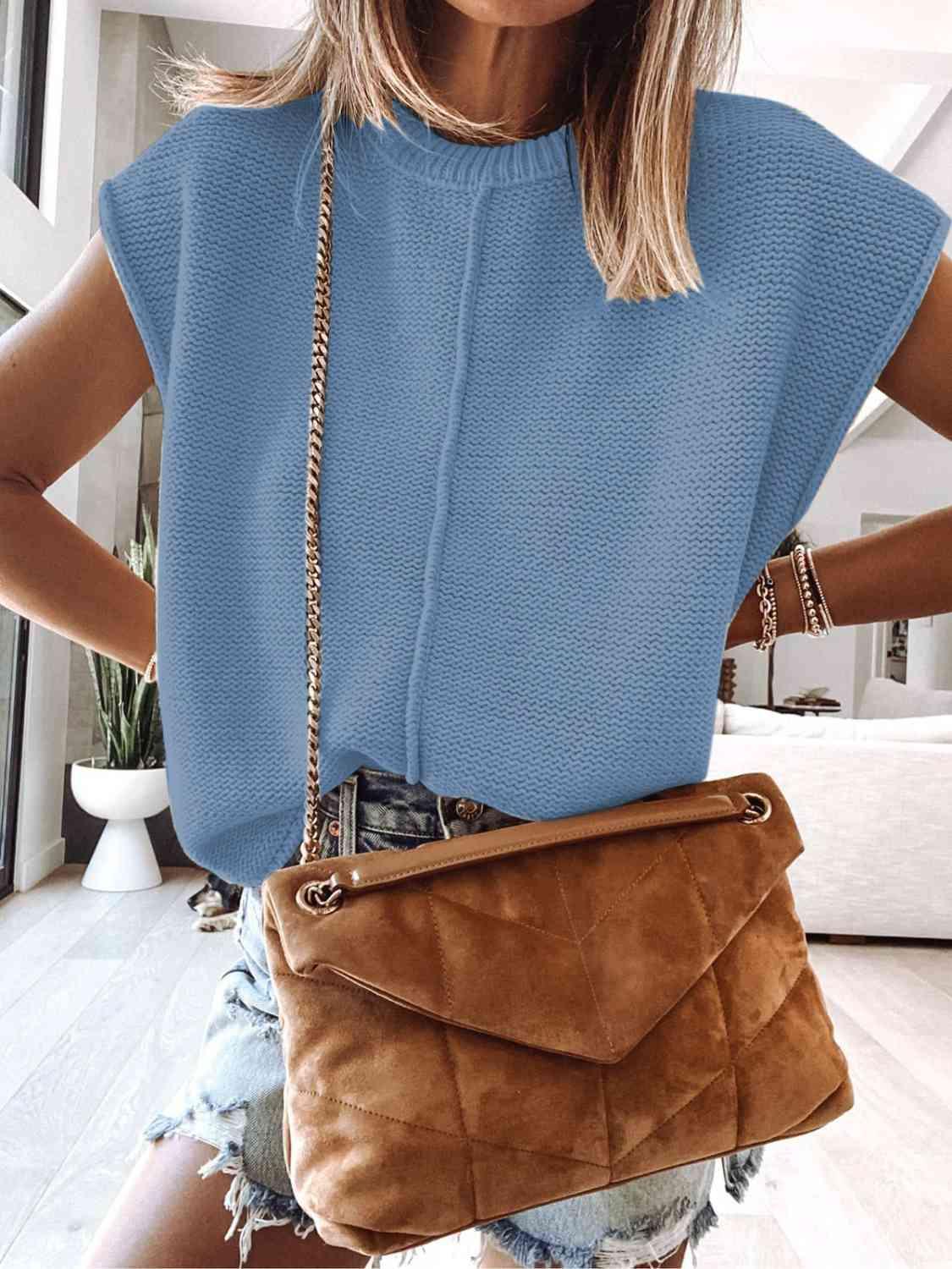 Cap Sleeve Sweater Vest - Browngold Fashion