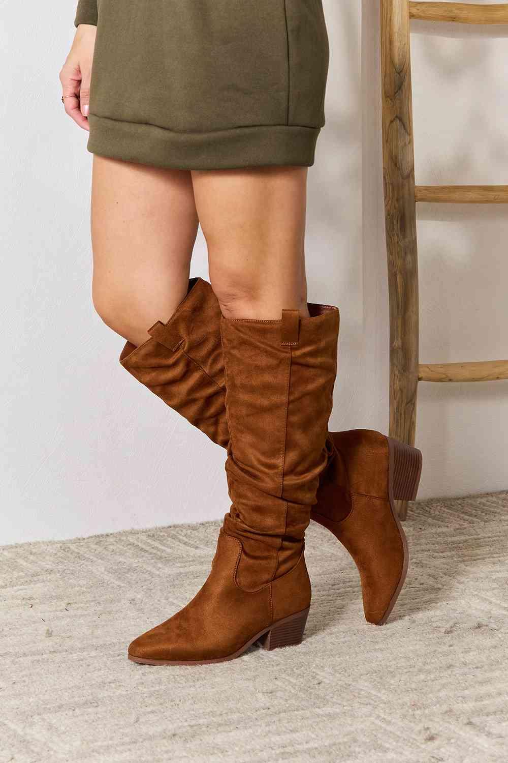 East Lion Corp Block Heel Knee High Boots - Browngold Fashion