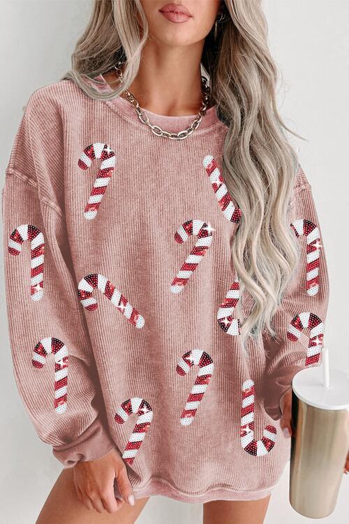 Sequin Candy Cane Round Neck Sweatshirt - Browngold Fashion