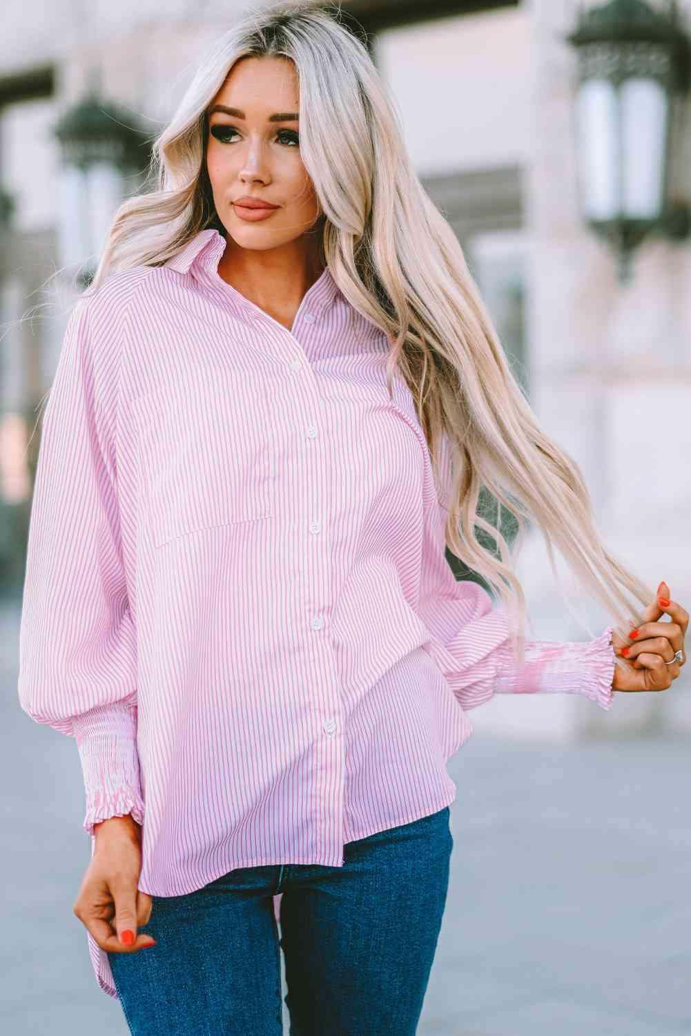 Striped Lantern Sleeve Collared Shirt - Browngold Fashion