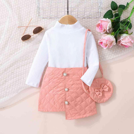 Girls Knit Top and Decorative Button Skirt Set with Bag - Browngold Fashion