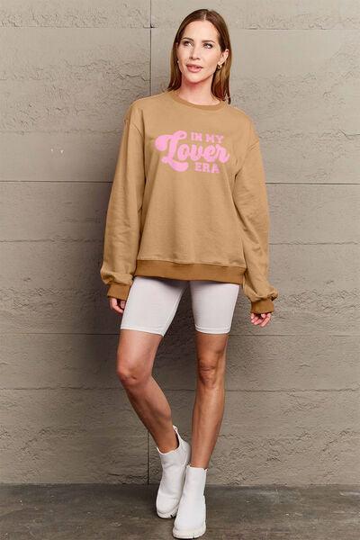 Simply Love Full Size IN MY LOVER ERA Round Neck Sweatshirt - Browngold Fashion