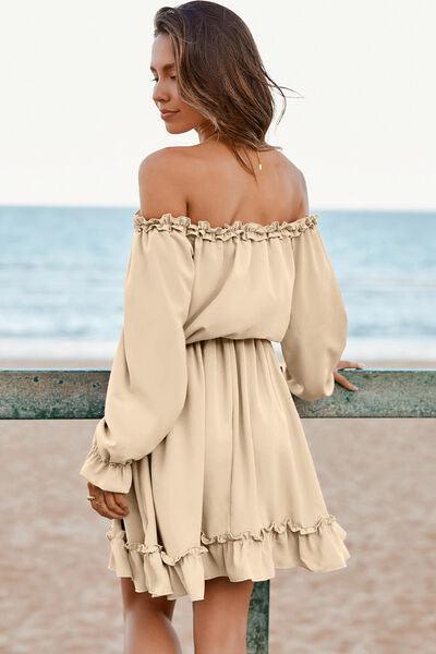 Frill Off-Shoulder Flounce Sleeve Dress - Browngold Fashion