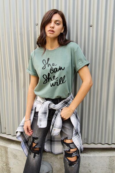 Simply Love Full Size SHE CAN SHE WILL Short Sleeve T-Shirt - Browngold Fashion