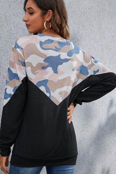 Camouflage Round Neck Long Sleeve Sweatshirt - Browngold Fashion