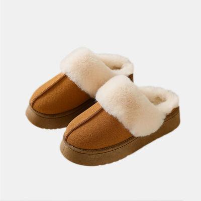 Center-Seam Furry Chunky Platform Slippers - Browngold Fashion