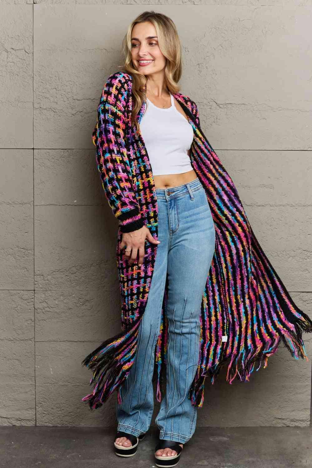 Multicolored Open Front Fringe Hem Cardigan - Browngold Fashion