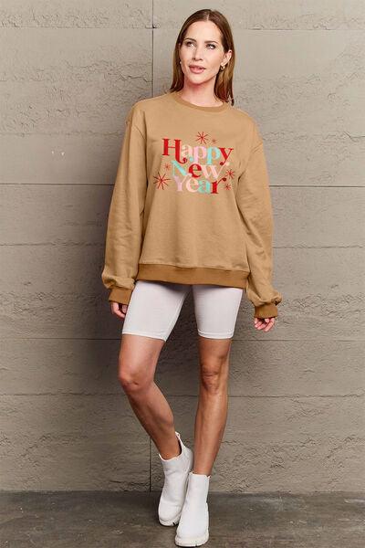 Simply Love Full Size HAPPY NEW YEAR Round Neck Sweatshirt - Browngold Fashion