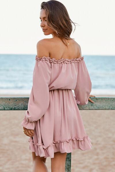 Frill Off-Shoulder Flounce Sleeve Dress - Browngold Fashion