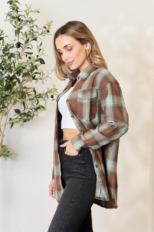 Double Take Plaid Dropped Shoulder Shirt - Browngold Fashion