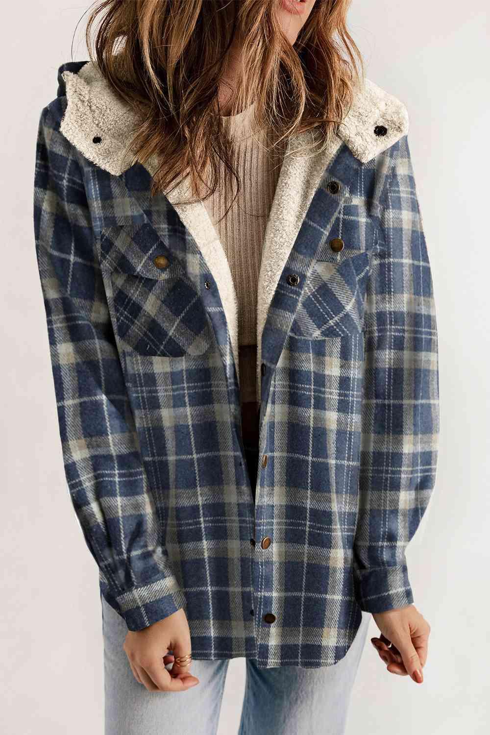 Plaid Snap Down Hooded Jacket - Browngold Fashion