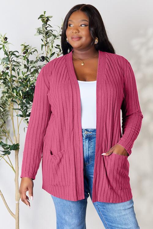 Basic Bae Full Size Ribbed Open Front Cardigan with Pockets - Browngold Fashion