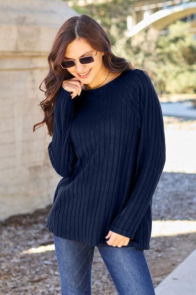 Basic Bae Full Size Ribbed Round Neck Long Sleeve Knit Top - Browngold Fashion