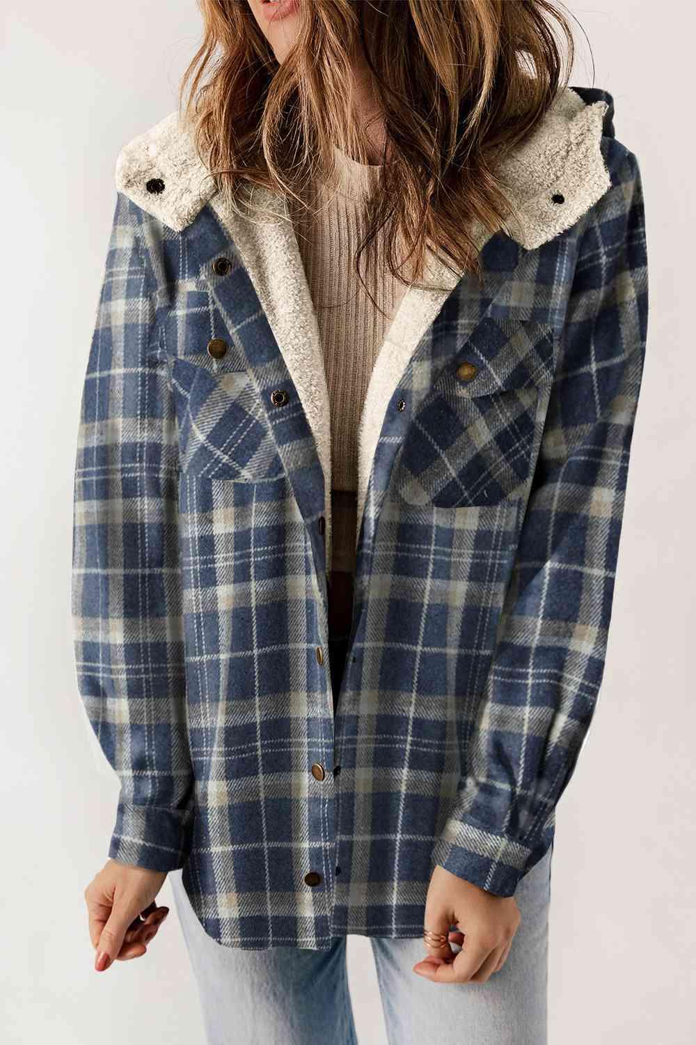 Plaid Snap Down Hooded Jacket - Browngold Fashion