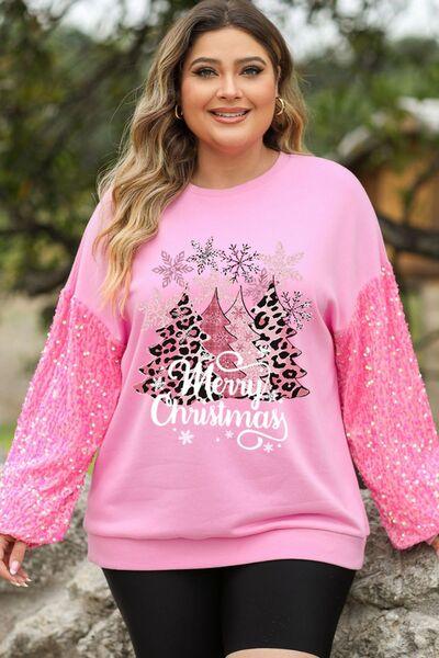 Plus Size MERRY CHRISTMAS Sequin Long Sleeve Sweatshirt - Browngold Fashion